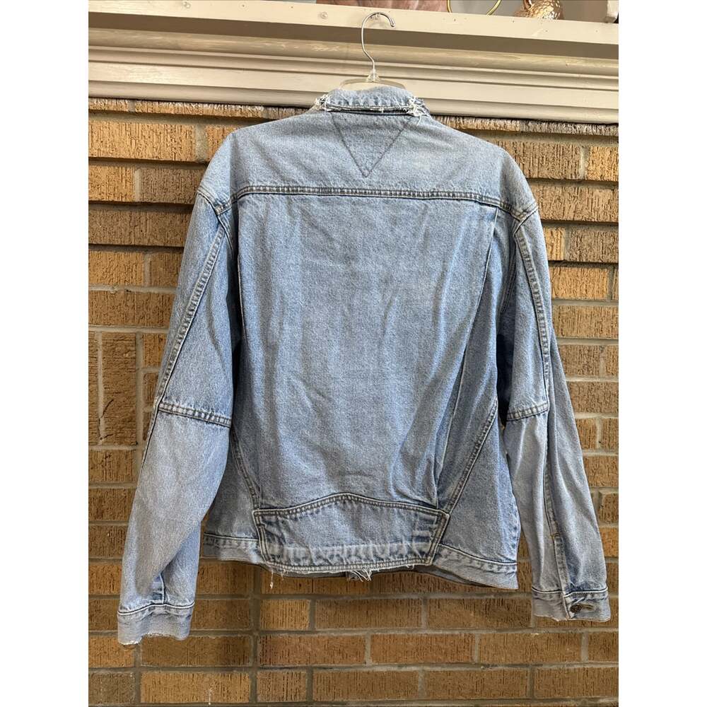 VTG 90s Tommy Hilfiger Denim Trucker Jacket Light Wash Distressed Grunge Y2K L - Picture 2 of 9